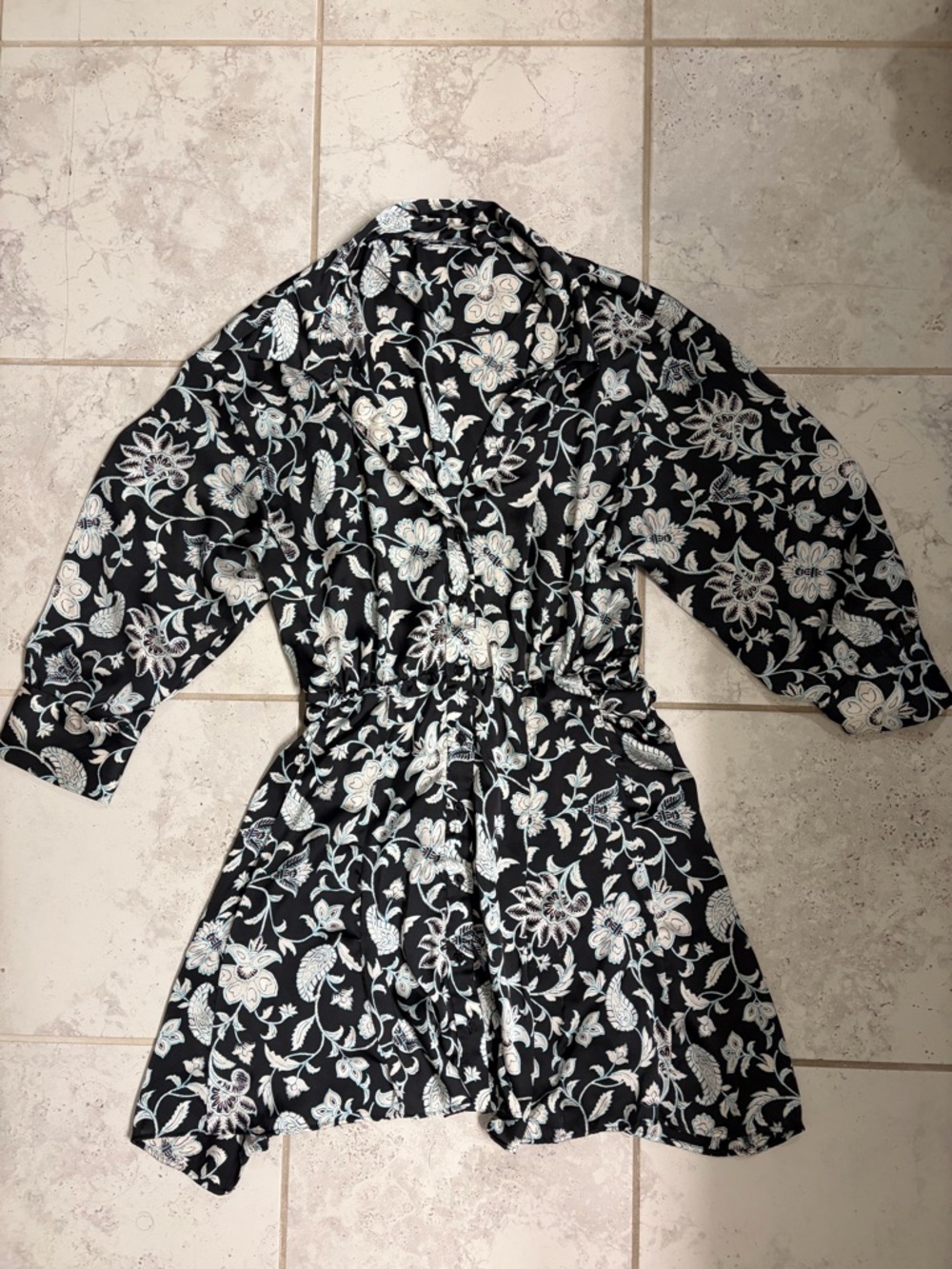 Zara | Black Floral Long-Sleeve Satin Boho Midi Shirt Dress | Sz XL - Picture 6 of 10